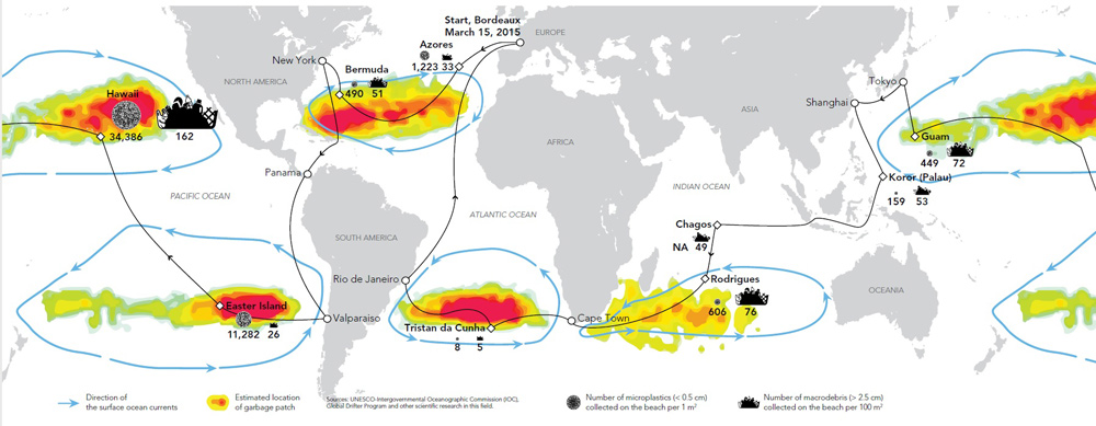 Map with clusters of plastic in oceans around the world.